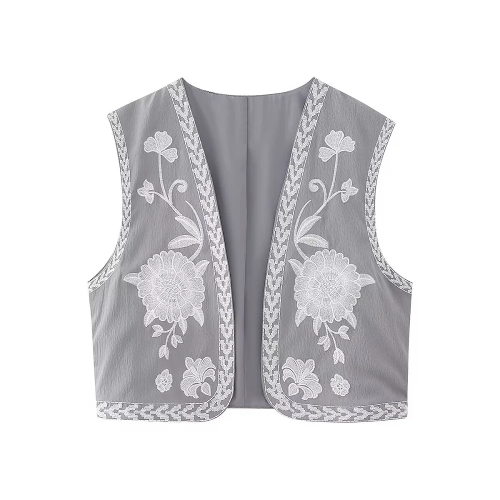 Women Men Full Embroidered Vest Sleeveless Linen Open Front Embroidery Flower Cardigan Outwear Gilet Vest Blouse Top for Summer