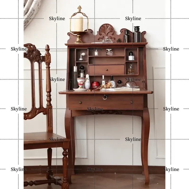 Retro Solid Wood Dressing Table with Drawer Leaf Roll Pattern Engraved Decoration Antique Makeup Desk Multi-functional
