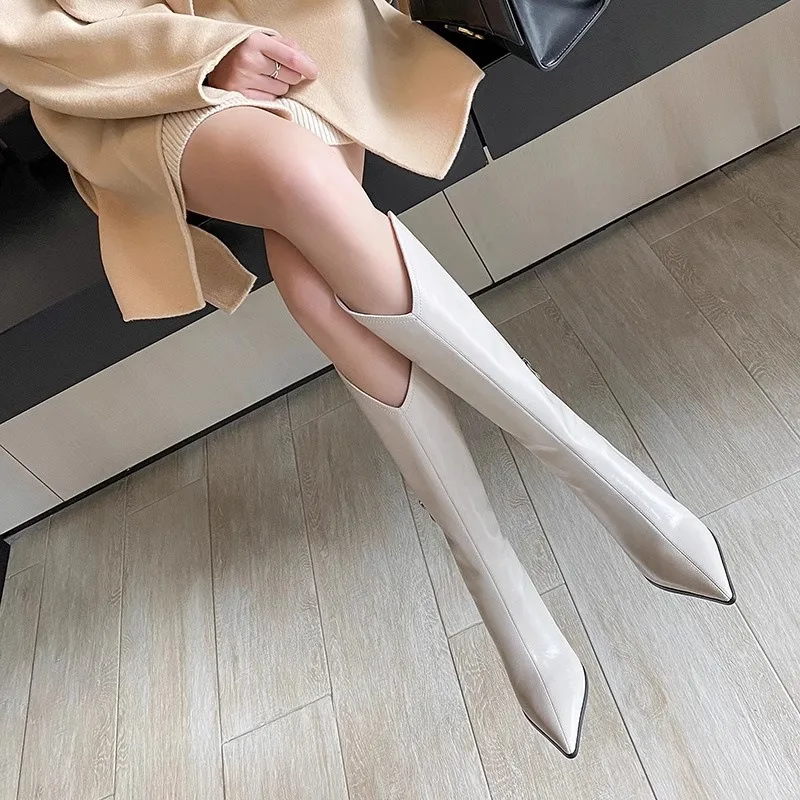 8CM New Autumn PU Leather Long Boots Women Fashion V-mouth Pointed Toe Side Zipper Knee High Boots Ladies Coarse Following Shoes