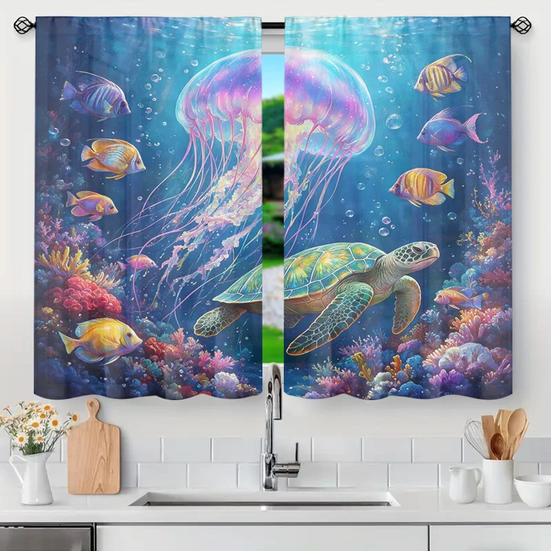 Vibrant Ocean Sea Life Jellyfish Coral Turtle Window Curtain Decor Translucent Tropical Nautical Aesthetic Bathroom Shower Curta