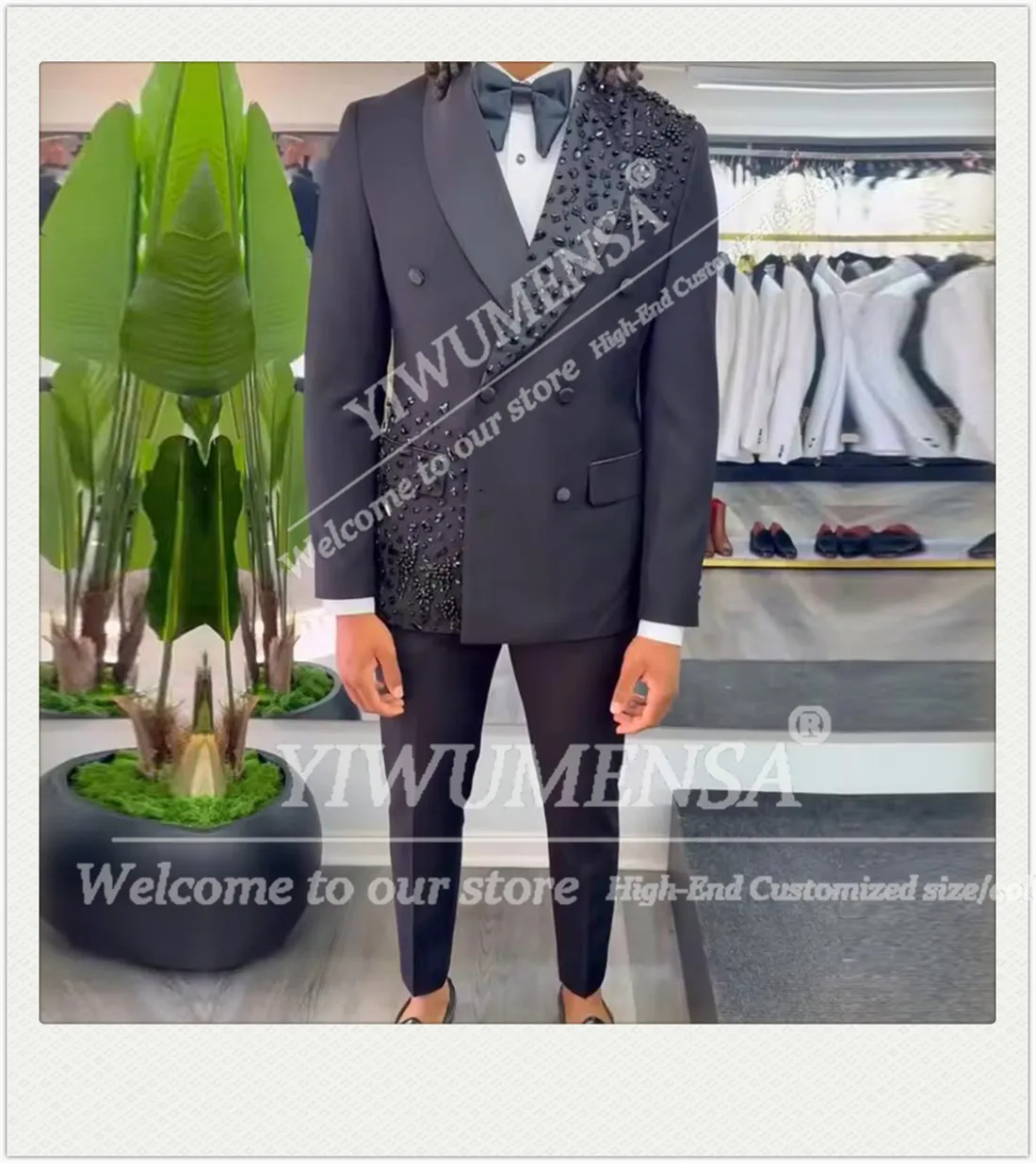 Luxury Suit Men 2 Piece Sets Pearls Beaded Prom Groom Blazer Customized Double Breated Jacket Pants Slim Fit Man Banquet Outfits