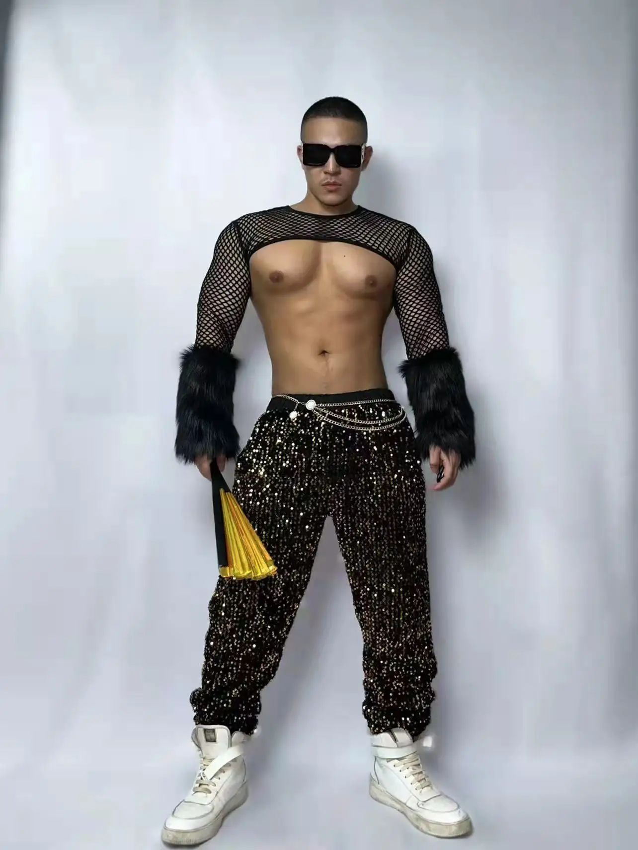 Black Fur Sexy Nightclub Gogo Dance Costume Show Stage Wear Leather Mesh Shoulder Sleeve Sequin Pants Pole Dancing Rave Outfit