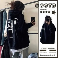 American Style Hooded Printed Sweatshirt Women's Melrose Black Autumn Winter Thickened Fleece Loose Top Trendy Polyester