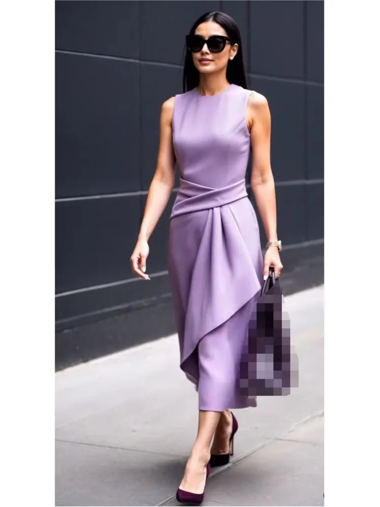 Summer New Solid Color Women's Waist Cinching Sexy Sleeveless Asymmetrical Pleated Casual Round Neck Dress