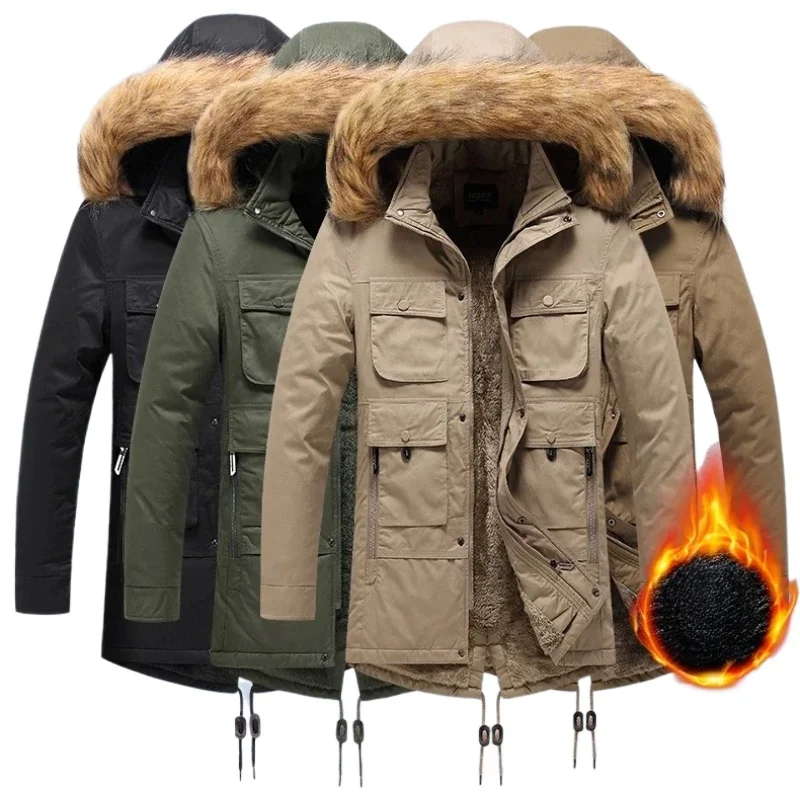 

Зимняя куртка с капюшоном, мужская высококачественная бархатная подкладка, большой меховой воротник, ветрозащитная теплая парка, мужская зимняя одежда в стиле ретро, утолщенное пальто