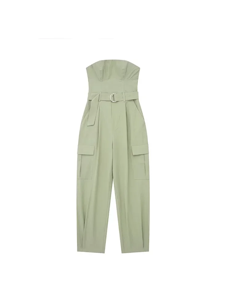 

Women 2023 Spring New Chic Fashion Tube Top Tooling Jumpsuits Vintage Backless With Belt Pockets Female Playsuits Mujer