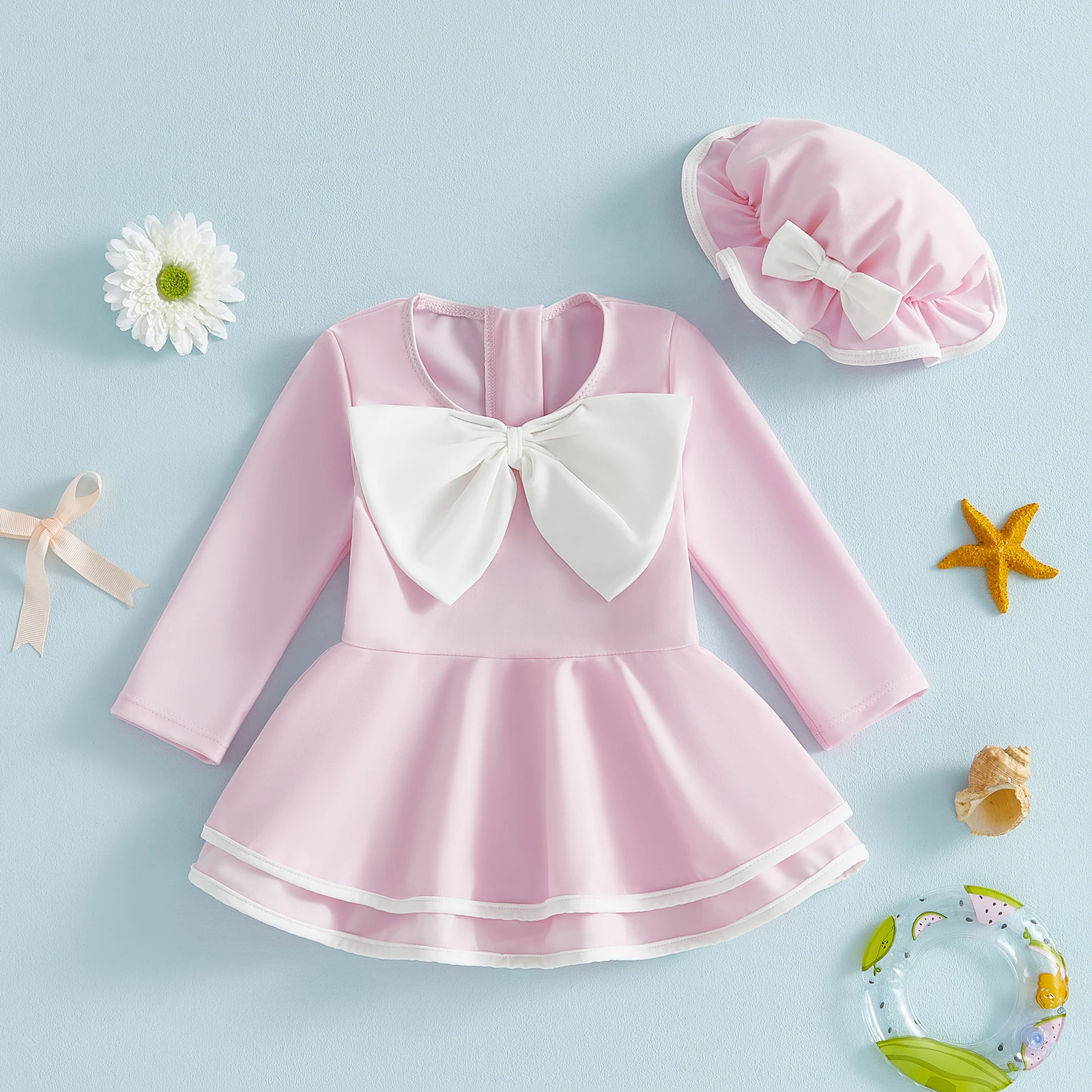 

Купальник-рашгард для маленьких девочек, купальный костюм с длинными рукавами и бантом спереди, купальный костюм-платье с солнцезащитной шляпкой, комплект из 2 предметов для детей 0-24 месяцев