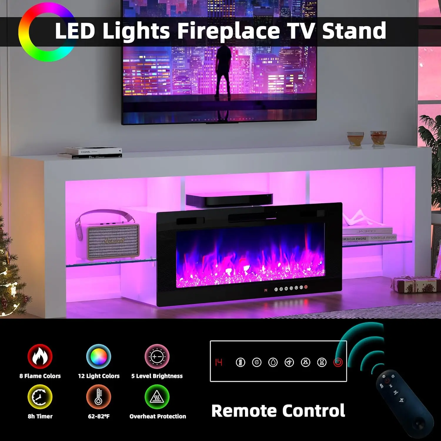 Moderno supporto per camino TV da 70 "con luci a LED a 12 colori e fiamma a 12 colori, centro di intrattenimento per camino galleggiante lucido