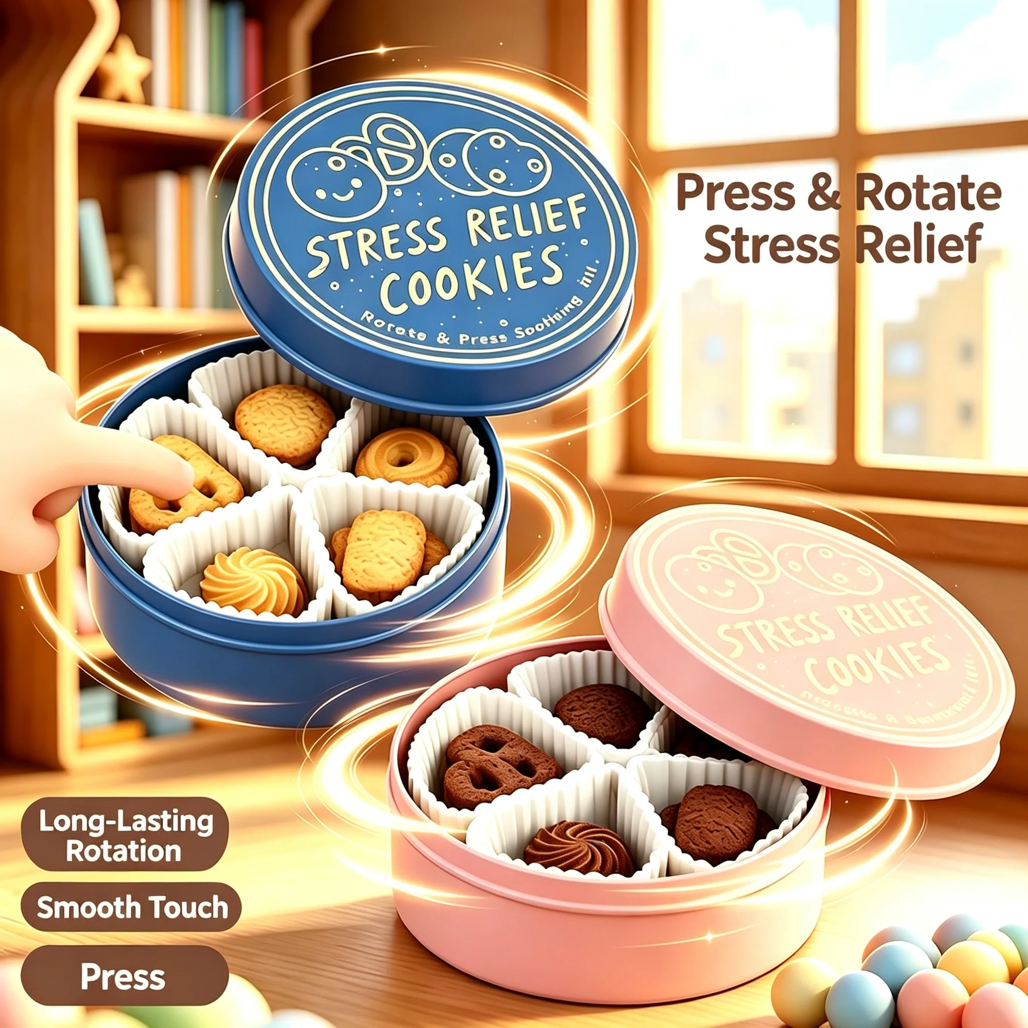 360° Rotating Cookie Tin Fidget Toy Pressable Simulation Biscuit Stress Relief Sensory Toys Novelty Party Gift for Teens Adults