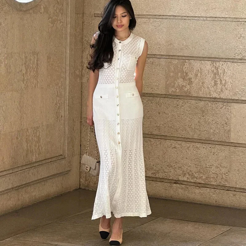 Elegant Single Breasted Knitted Slim Dresses Women Sexy O Neck Sleeveless Split Long Dress 2024 New Chic Female High Street Robe