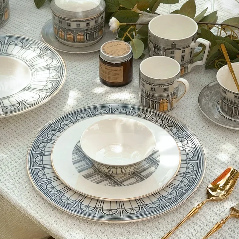 

New Style Swan Castle Tableware Dinner Plate High Quality Bone China Ceramic Plates Roman Architecture Coffee Cup