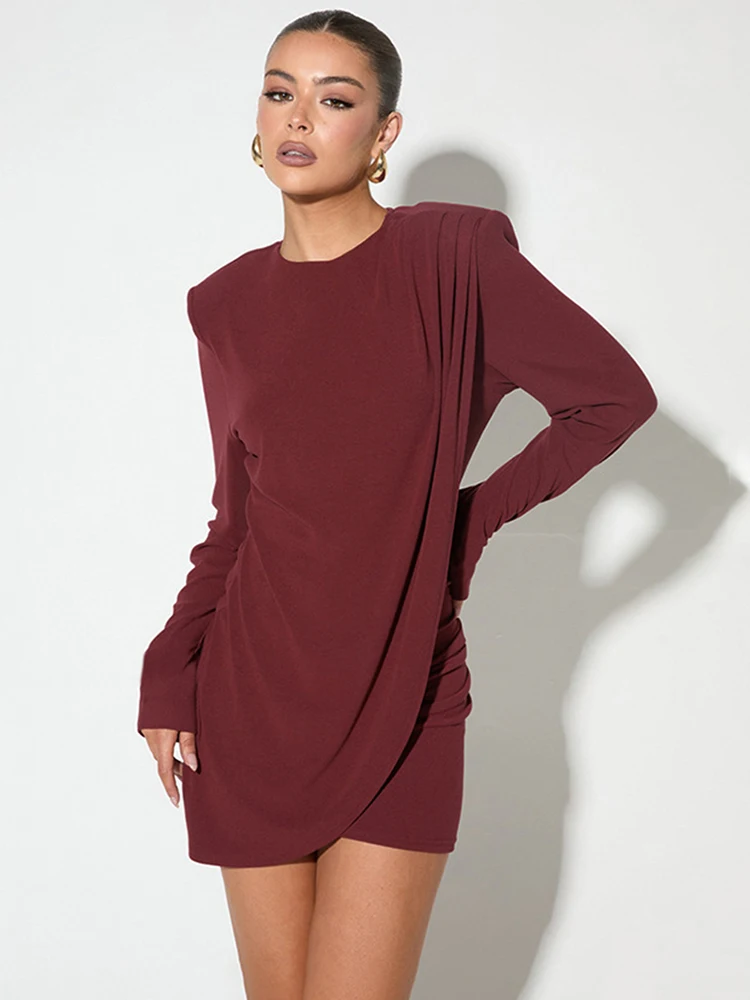 

TARUXY Wine Red Long Sleeve Mini Dress Female Ruched Patchwork Club Party Dresses Draped Elegant Slim Fit Clothes Autumn Fashion