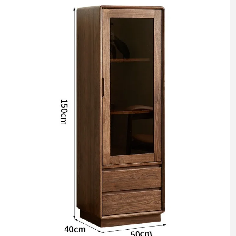 

North American black walnut wine cabinet, cherry wood Nordic simple solid wood vertical cabinet, glass display storage