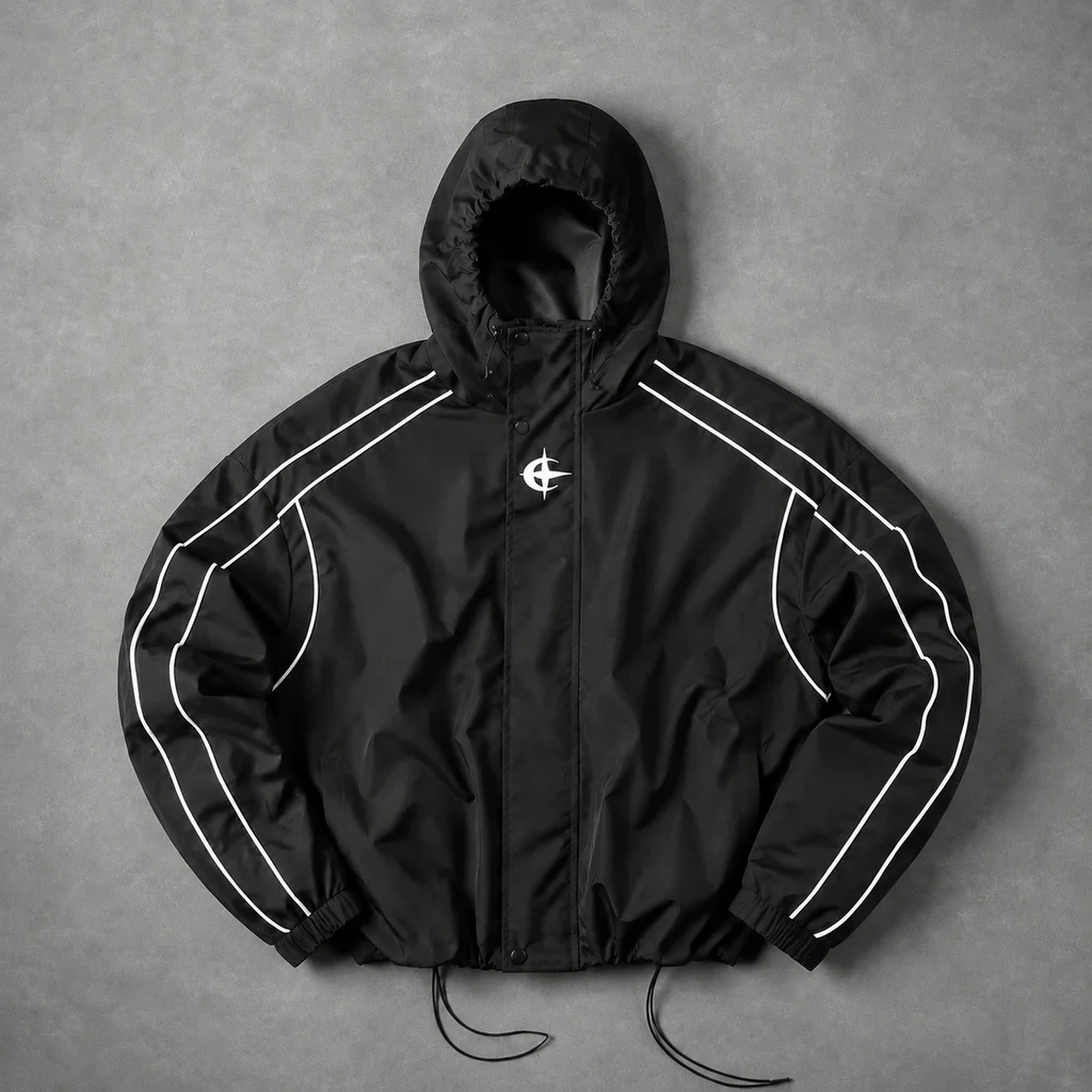 Autumn Winter Men Hooded Jacket, White Stripes On Shoulders, Adjustable Hood And Hem Drawstrings, Windproof Fabric, Loose Fit, Multi-color Available, Casual Outdoor Fashion Top