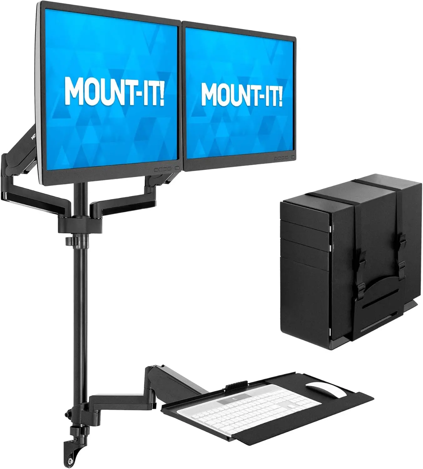 

Wall Mount Workstation with Dual Monitor Mount, Keyboard Tray and CPU Holder, Height Adjustable Full Motion Arms, Fits Two 32