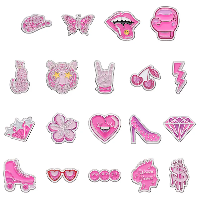 Pink Series Enamel Pins Custom Flowers Lightning Stars Tiger Dollars Brooches Lapel Badges Cartoon Funny Jewelry Gift for Friend