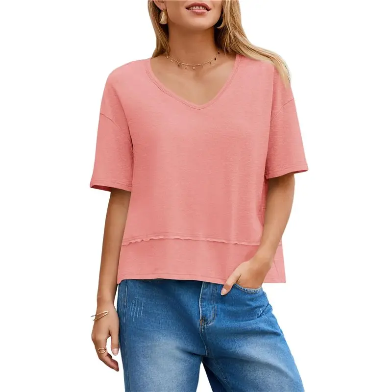 

CYL-Womens Summer V Neck T Shirts Casual Short Sleeve Flowy Tops Cute Loose Fit Basic Tees