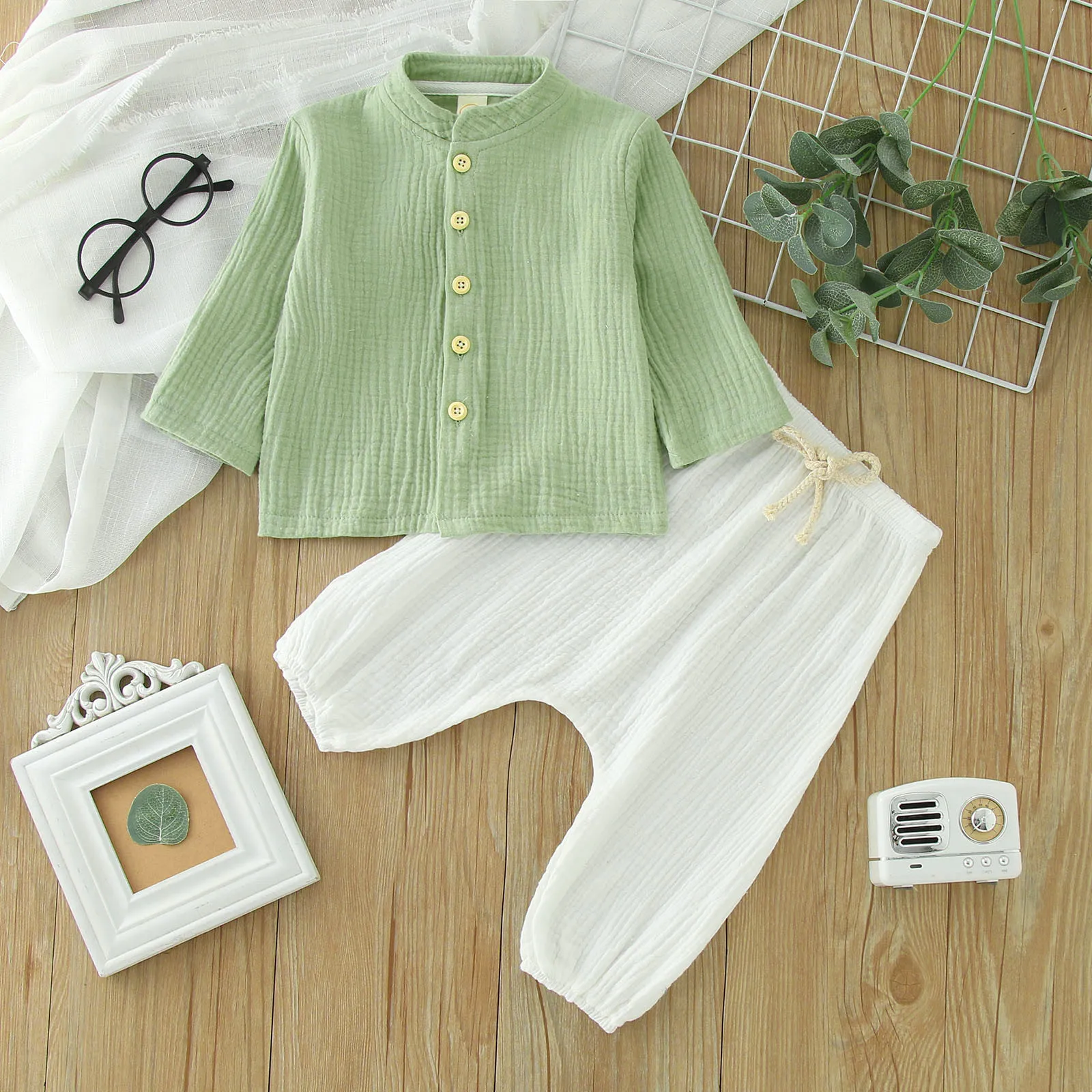 0-4Y Kids Boys Spring Fall Outfits Baby Solid Color Buttons Long Sleeve Shirts Tops + Elastic Waist Long Pants Boys Clothes Sets