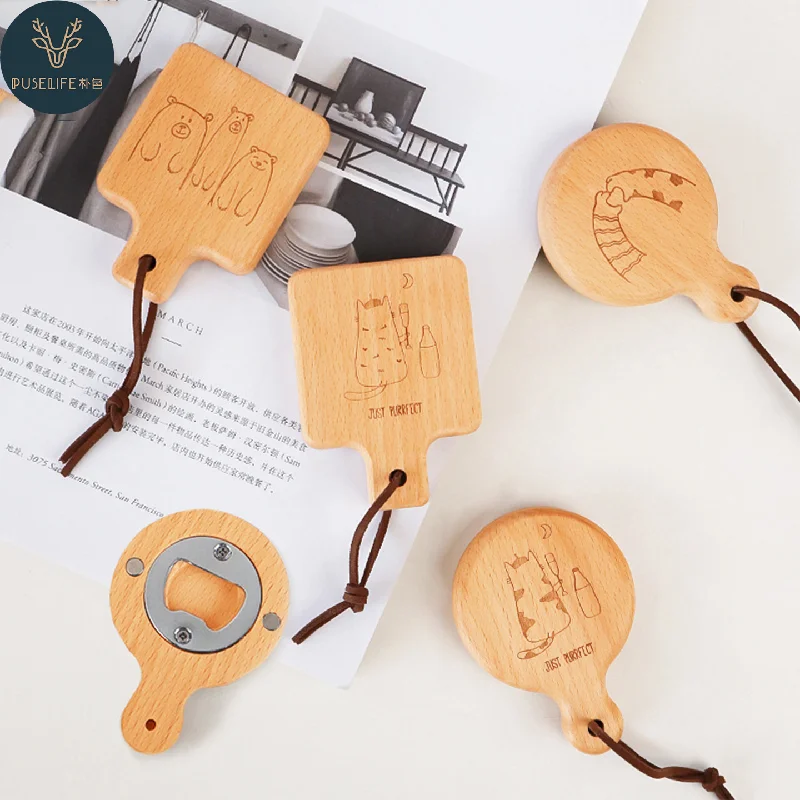Creative wooden beer bottle opener with magnetic sticker for refrigerator. Convenient gadget. Personalized bottle opener