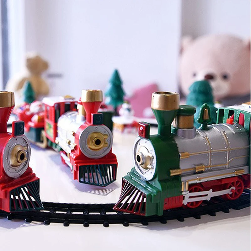 Christmas Train Electric Toys Christmas Tree Decoration Train Track Frame Railway Car with Sound&Light Rail Car Christmas Gifts