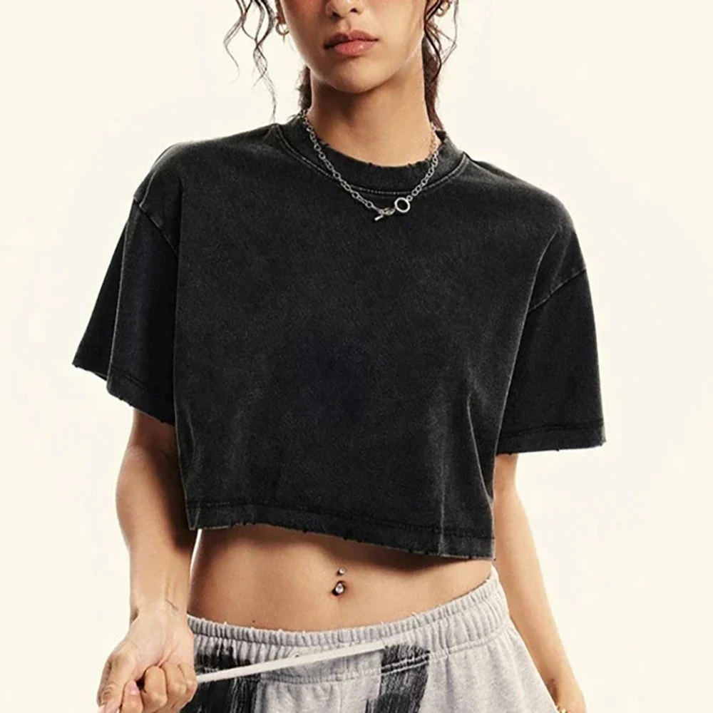 Solid Slim Washed T-Shirt Female Fashion Soft Cotton Streetwear Casual Sport Short Sleeve Cool Retro Crop Clothing For Women