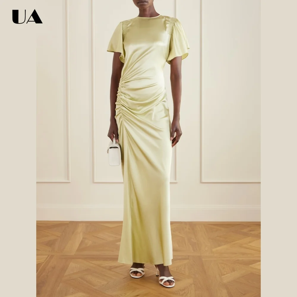 

ULBYANRY Customized Satin Shirring Prom Dresses for Women, Trendy Solid O-neck Evening Dress, Elegant Ruffled Sleeve Party Dress
