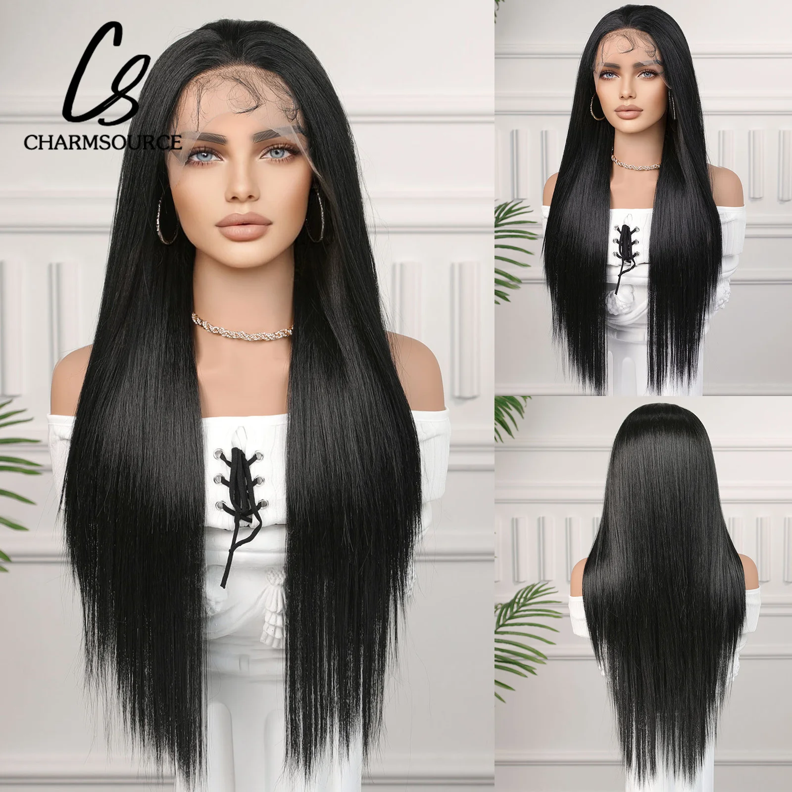 CharmSource 13x4 Lace Front Wigs Black Synthetic Long Straight Wig with Baby Hair for Women Cosplay High 180 Density Hair Wig