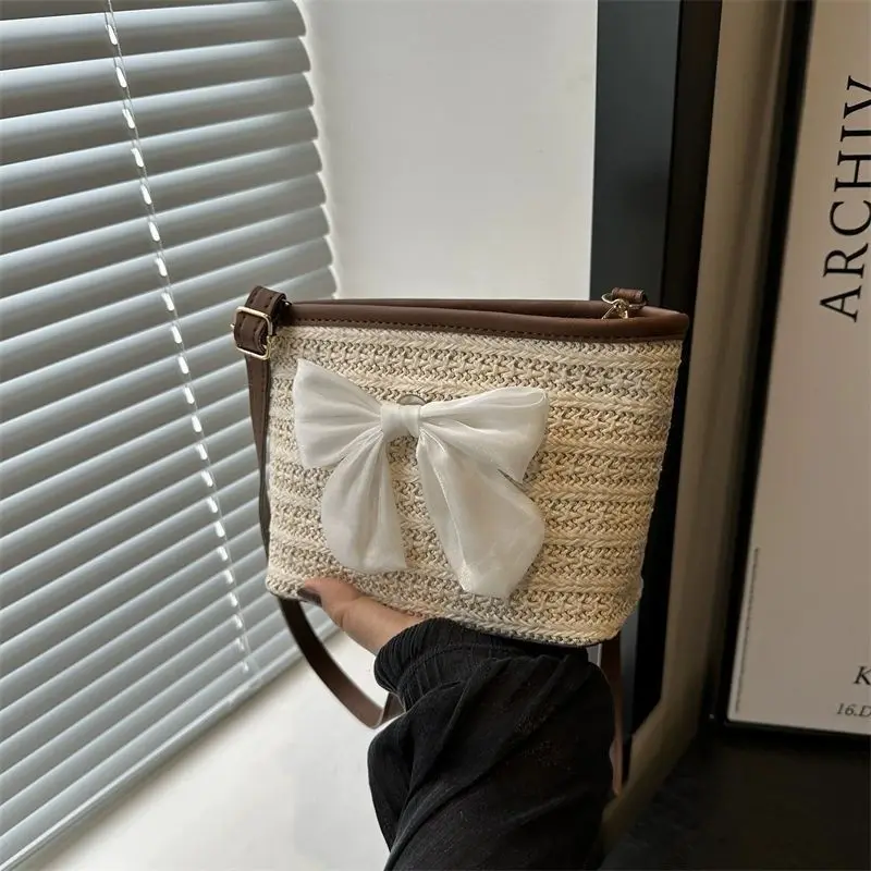 Black' White Pink Coffee Brown Straw Woven Crossbody Bag Mini Bucket Purse with White Bow Summer Boho Shoulder Handbag For Women