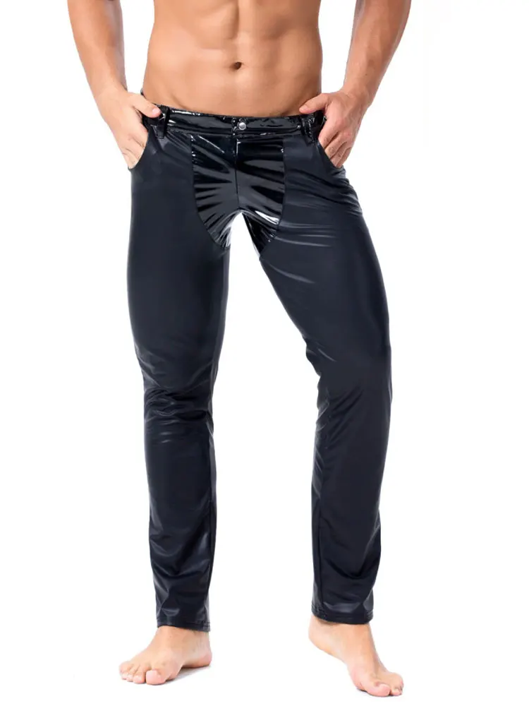 

Мужские облегающие брюки-карандаш из искусственной кожи с лоскутным узором, низкая талия, для ночных клубов и сцены, блестящие, с эффектом утягивания, сексуальные, с формирующим эффектом для ног и ягодиц