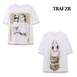 TRAF ZR Aesthetic Women's T-shirts Kpop Tops Woman 2024 COTTON Tees O-NECK Short Sleeve Tee Metallic Style Printing T-shirt Y2K