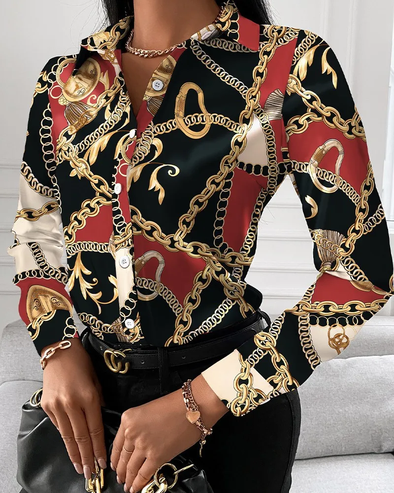 Women Fashion Wild Shirts Chain/Floral/Letter/Geometric Square Print Turn-Down Collar Long Sleeve Blouses