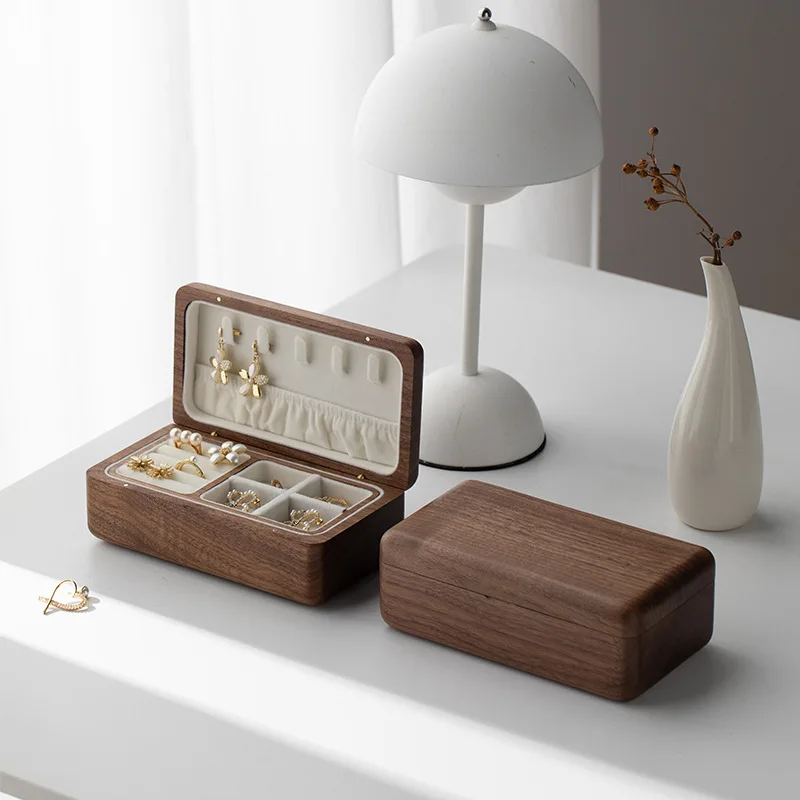 Double Layer Jewelry Box Wooden Cases Necklace Bracelets Earrings Storage Organizer Wedding Gift Black Walnut Wood Jewelry Boxes