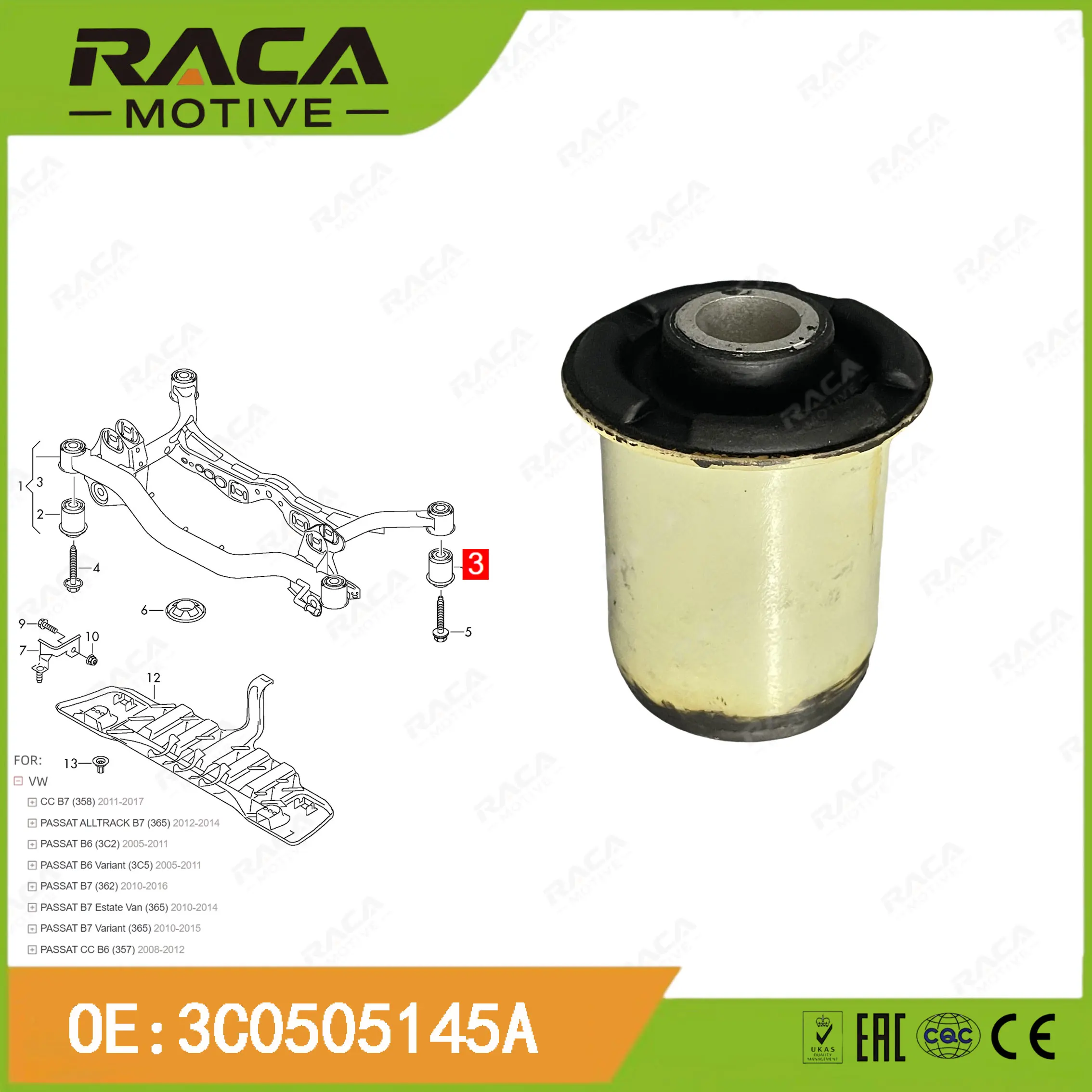 

Rear Axle Suspension Bushing/Axle Carrier/Rubber-Metal Support Suitable for Volkswagen Cc B7 (358) Passat B7 (365/362) B6 (3C2/3C5/357) 3C0505145A 3C0505145