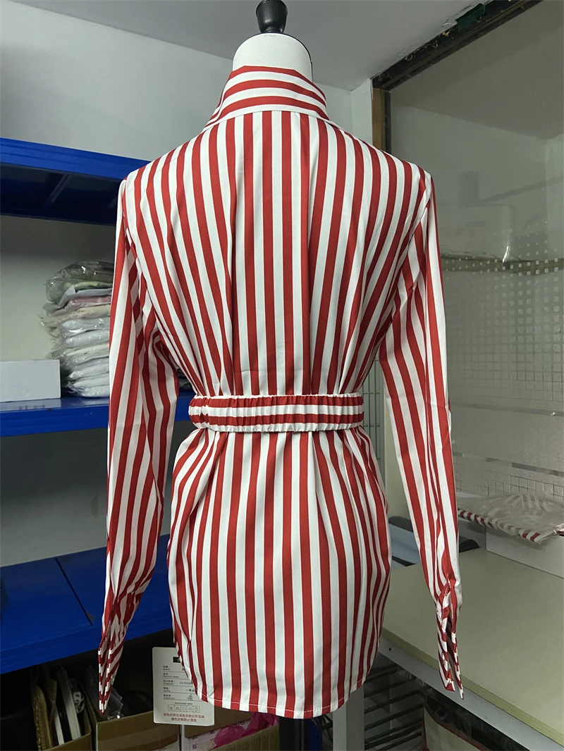 FANIECES Red Striped Women Shirt Brooch Spring Long Sleeve Lapel Polo Blouses With Belt Elegant Office Ladies Shirt Tops рубашка