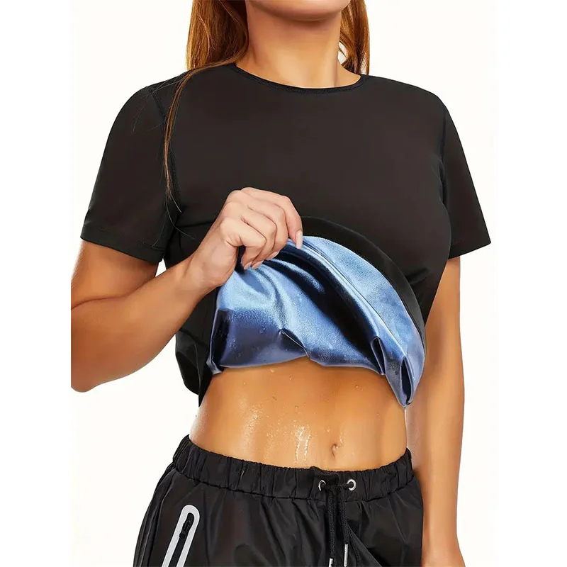 

MrifDila с круглым вырезом для сауны, женская рубашка с короткими рукавами, спортивный костюм, топы для спортзала, утягивающие толстовки, топ для коррекции фигуры