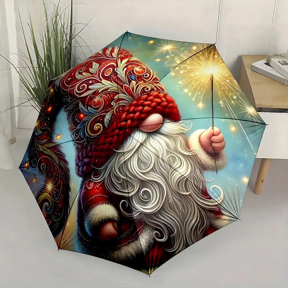 1PC Whimsical Santa-Themed Umbrella with Festive Design Print 8 Iron Ribs Folding Umbrella Auto-Open Fashion Sunshade