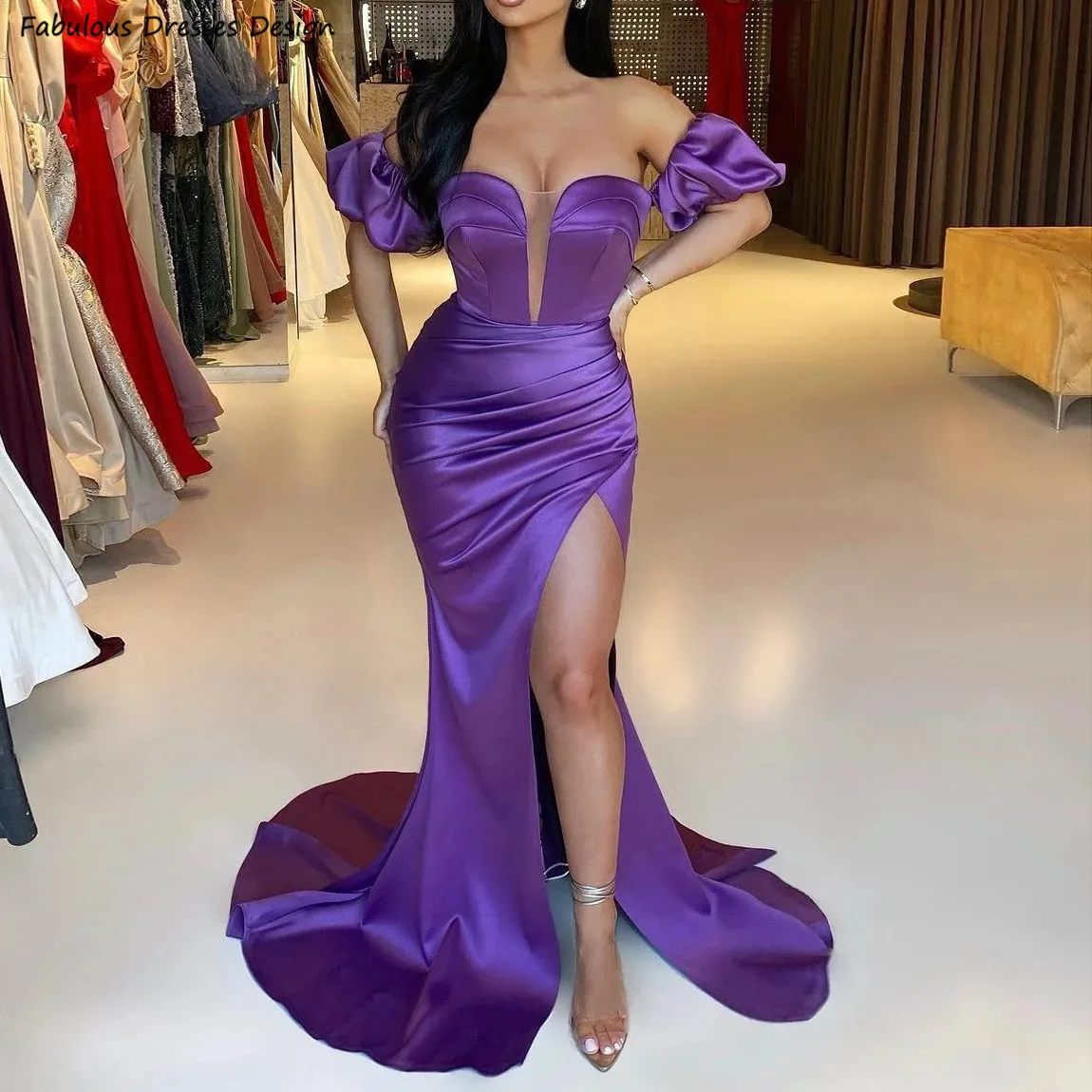 

Sexy High Slit Bridesmaid Dresses Purple Long Mermaid Off Shoulder Sheer V-neck Wedding Guest Dress For Women Prom Party Gown