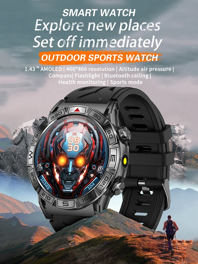 2025 novo relógio inteligente para esportes ao ar livre para homens, lanterna, bússola de medição de altura e pressão, chamada bluetooth rastreador de fitness