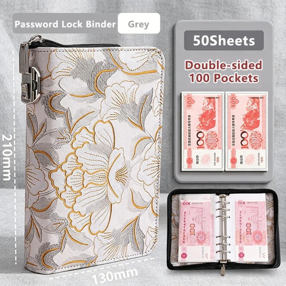 

PU Leather Money Savings Binder Peony Pattern A6 Cash Storage Book Large Capacity 100 Pockets Money Organizer Album
