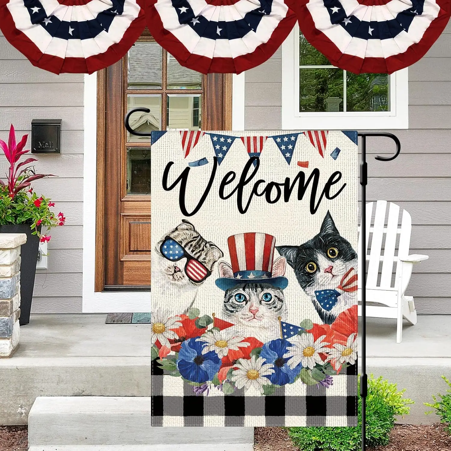 DLZDN 4th of July Patrioctic Cat Garden Flag 12x18 Inch Vertical Double Sided Welcome Floral Cat Memorial Day Independence Day O