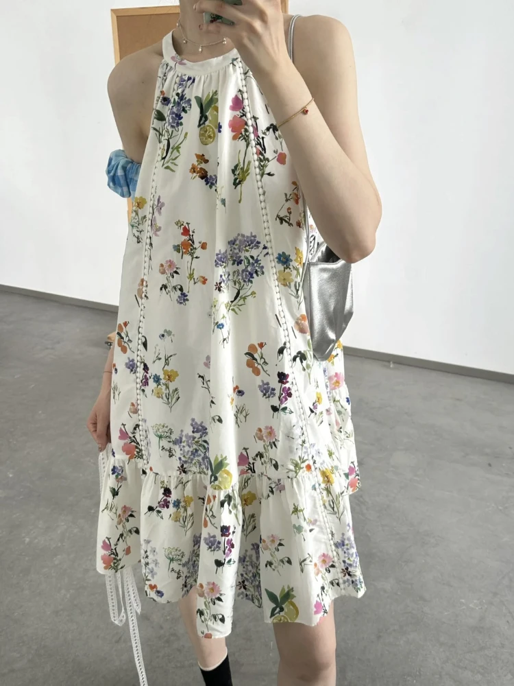 

Floral Halter Neck Cotton Dress Printed Vacation Loose Dress with Pockets Multicolor Sleeveless Sundress Summer Woman Clothing