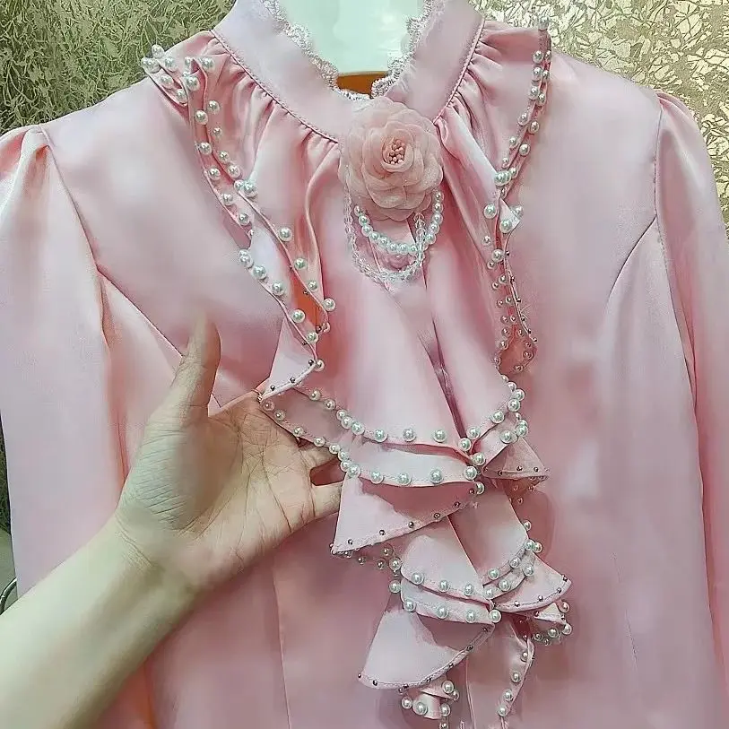 Beaded Flower Stitch Pink Blouses Shirts For Women 2024 Spring Autumn New In Long Sleeve Office Lady Tops Camisas De Mujer