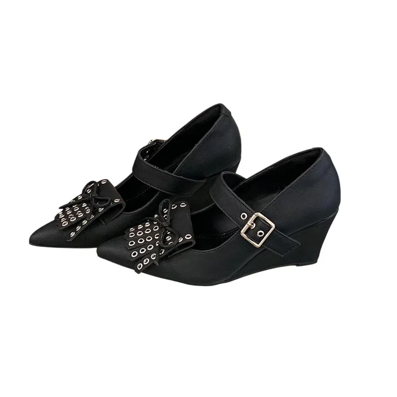 

Black High Heels Woman Pointed Wedges Pumps Retro Tassel Mary Jane Shoes With Bow Belt Buckle Ladies Heels Autumn Designer Shoes