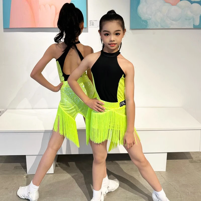 Neues Kinder-Rumba-Cha-Cha-Samba-Latin-Tanzkleid für Mädchen, Gesellschaftstanz, Kleider, Quastenrock, Fransen, lateinamerikanisches Übungskleid