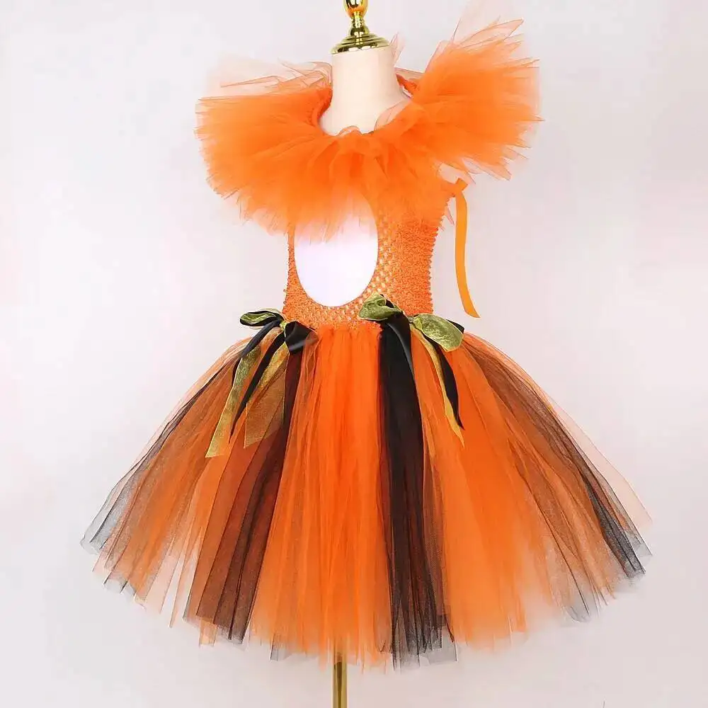Baby Girls Orange Cat Tutu Dress with Ears Headband Kids Toddler Animal Disguise Costumes for Halloween Birthday Carnival Outfit