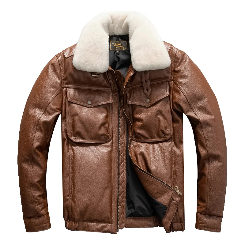 

Light Brown Winter Leather Down Jacket Men Wool Collar Plus Size 5XL Genuine Natural Sheepskin Thick Warm Leather Coat