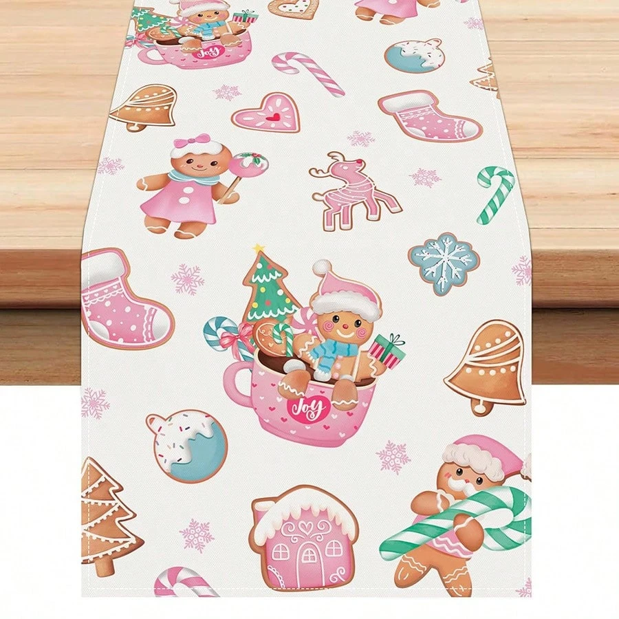 JIT Festive Christmas Gingerbread Table Runner With Candy Cane Snowflake Print for Xmas Dinner Table Setting Charming Decorative