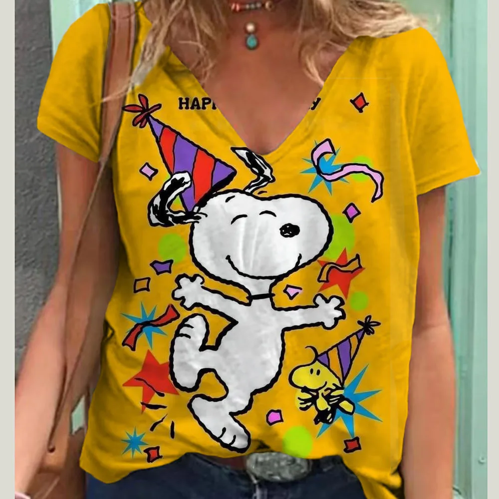 Fashionable Women\'s T-Shirts Cute Snoopy print Girl Summer Harajuku Loose Casual Clothing Kawaii V-Neck Short Sleeve T-Shirts