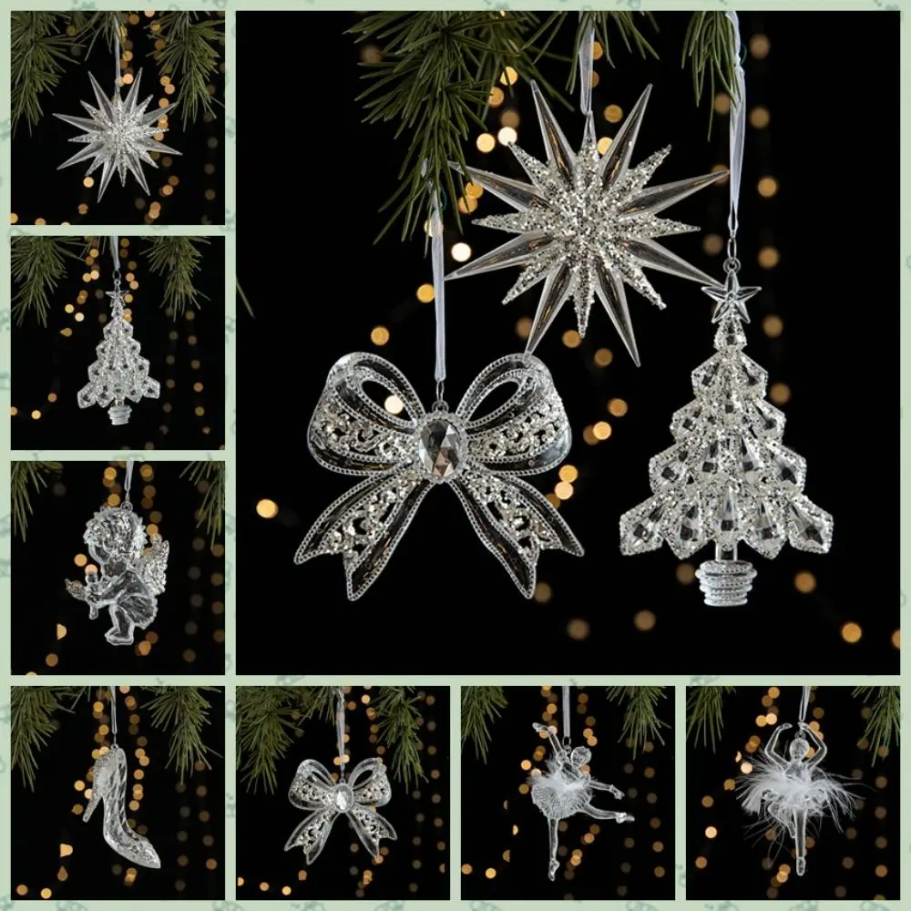 2pcs Acrylic Crystal Christmas Tree Pendant Clear Stereoscopic Xmas Tree Hanging Ornaments Angel/Dancing Girl DIY