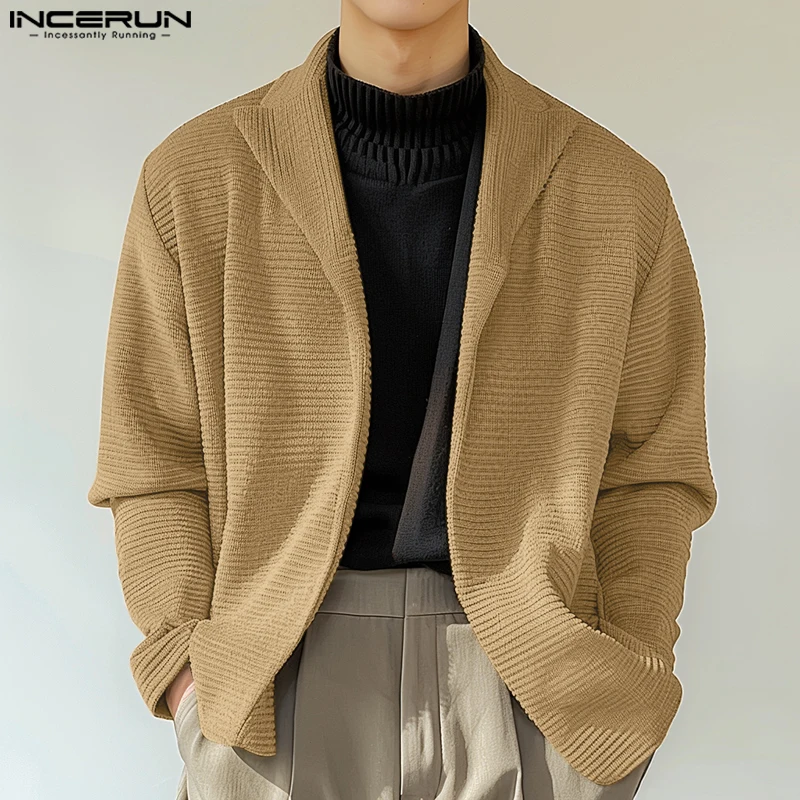 INCERUN Tops 2024 Korean Style Autumn Fashion Men Knitted Pit Stripe Pullovers Male Streetwear Solid Lapel Long Sleeved Cardigan